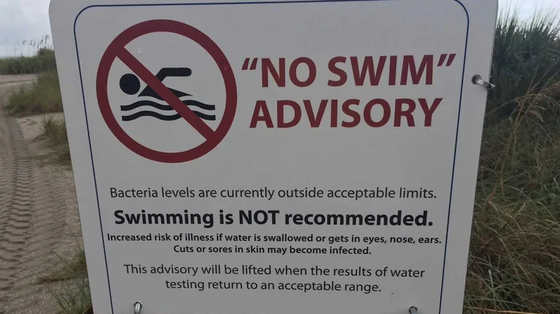 A posted No Swim Advisory sign on a sandy shoreline warning that bacteria levels are outside acceptable limits