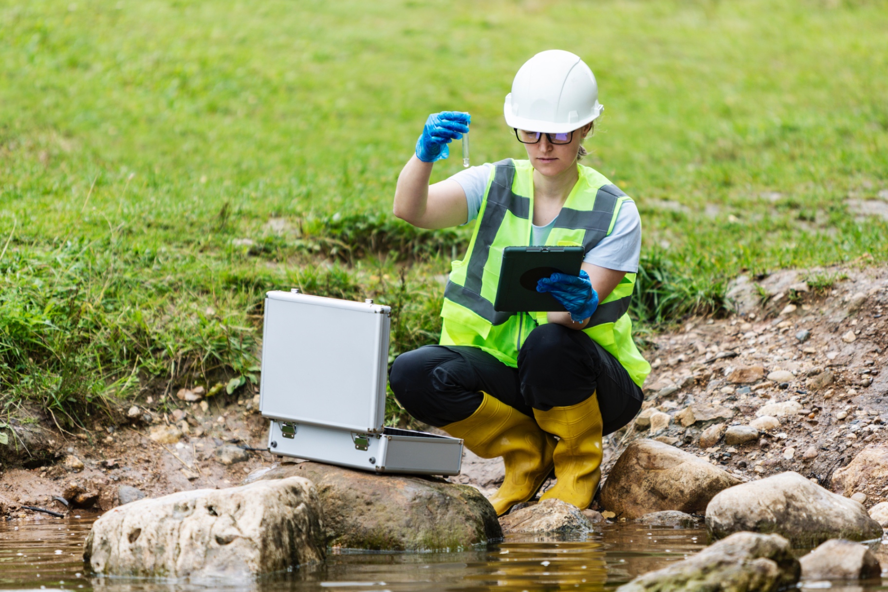 Environmental consultant in a hard hat and safety vest holding a water sample vial beside a stream