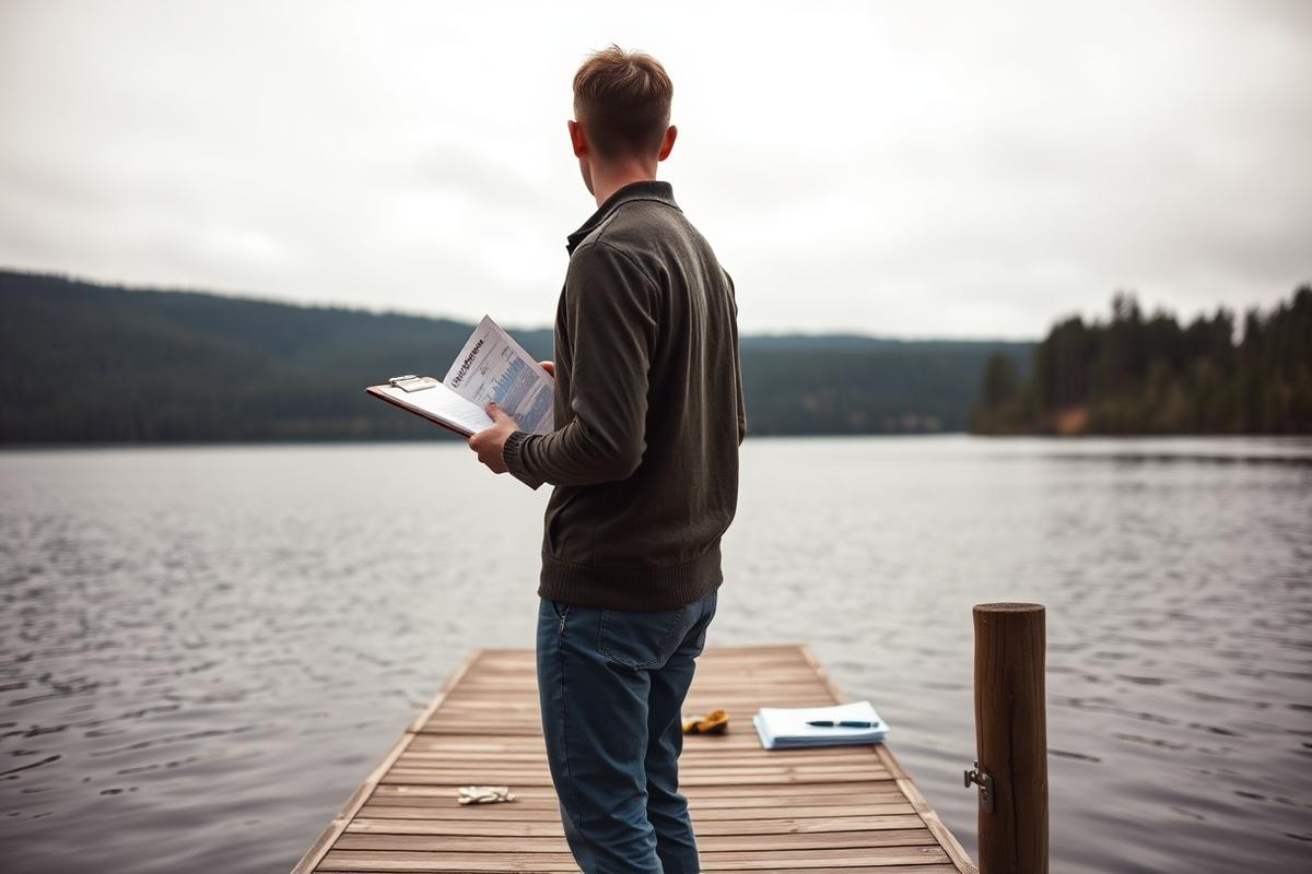 A person standing on a wooden dock reviewing printed lake trend reports