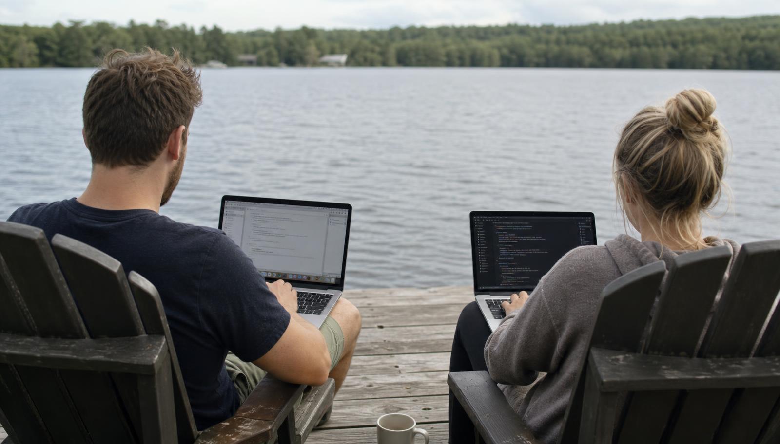 Two lake residents reviewing the Lake Pulse Portal on laptops at a dock, faces not shown