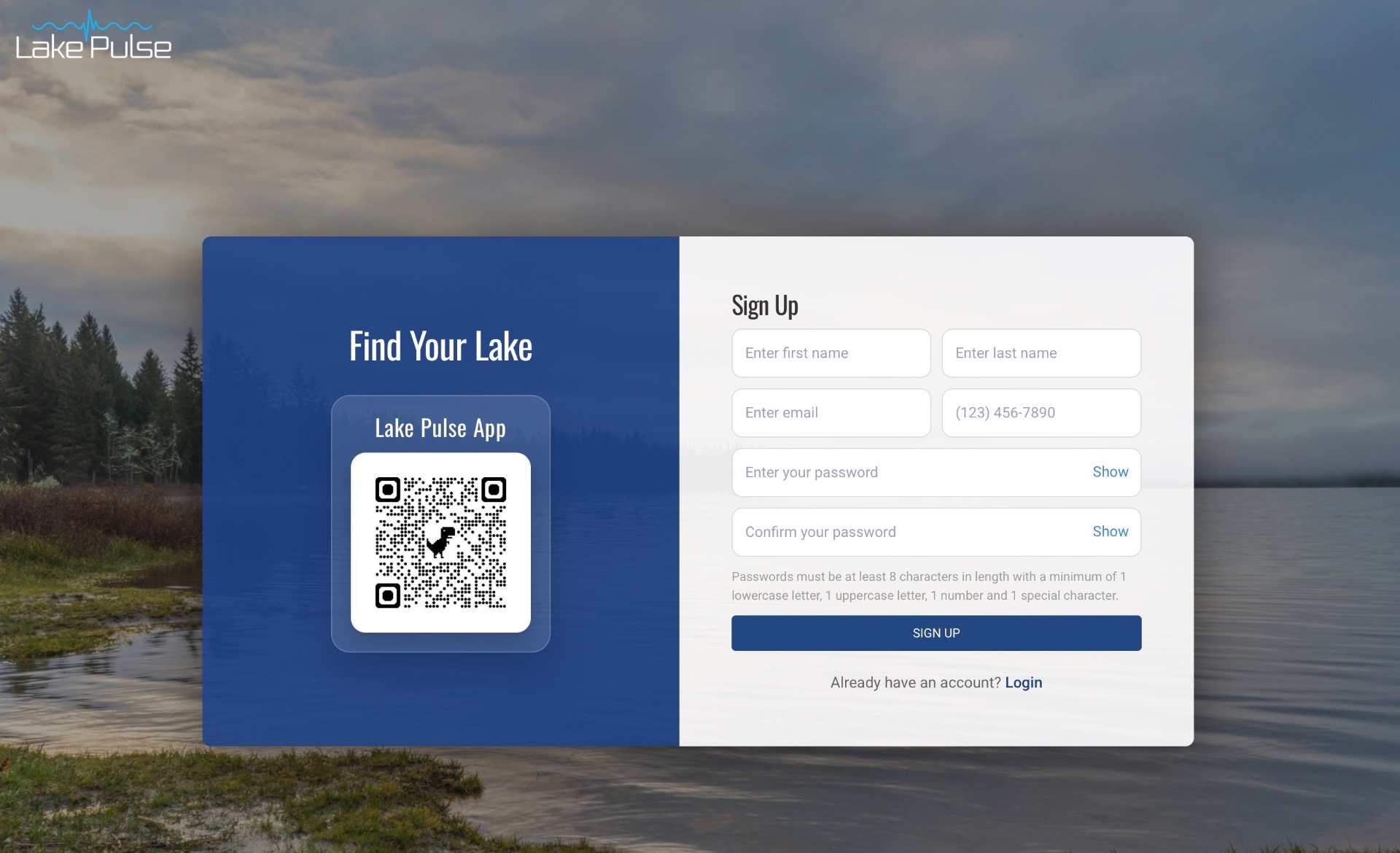 The Lake Pulse web sign-up screen with a Find Your Lake search and a QR code beside the account form