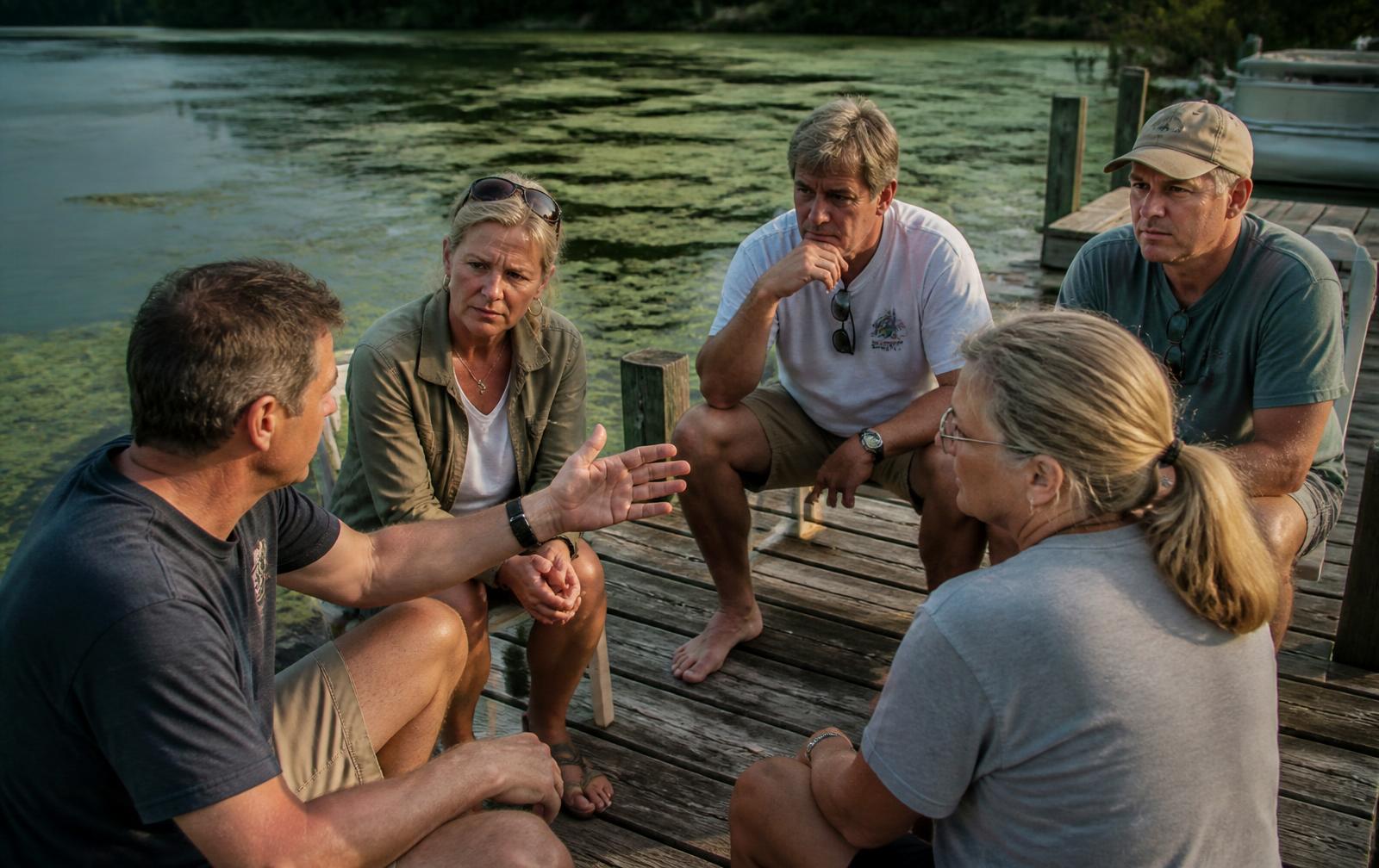 A group of middle-aged friends sitting seriously on a dock, one person making a point, with algal bloom and weeds in the water around them