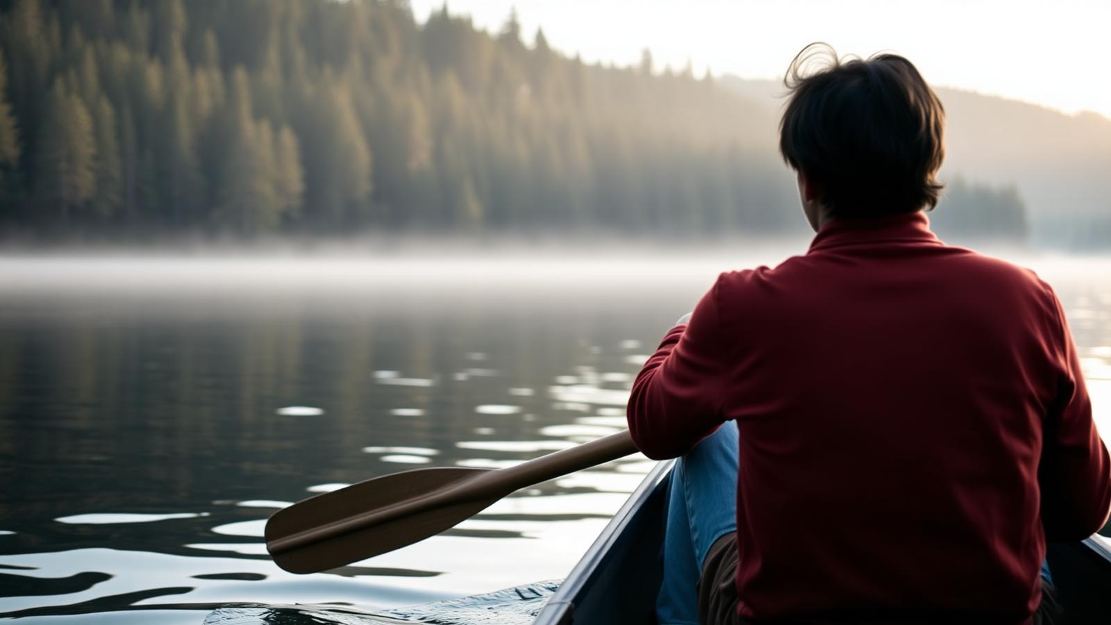 Two people paddling a canoe across a calm lake at dawn