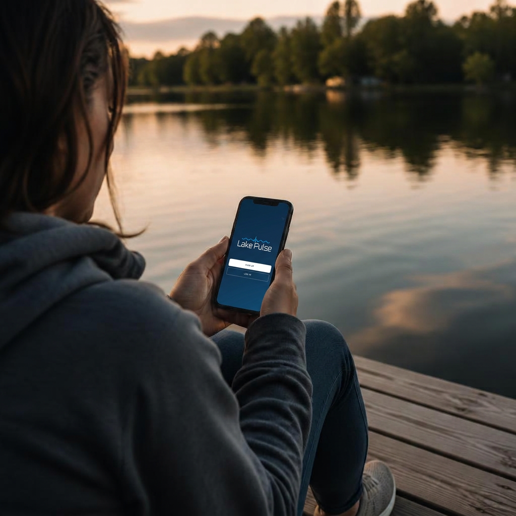 Person on a dock holding a phone with the Lake Pulse app