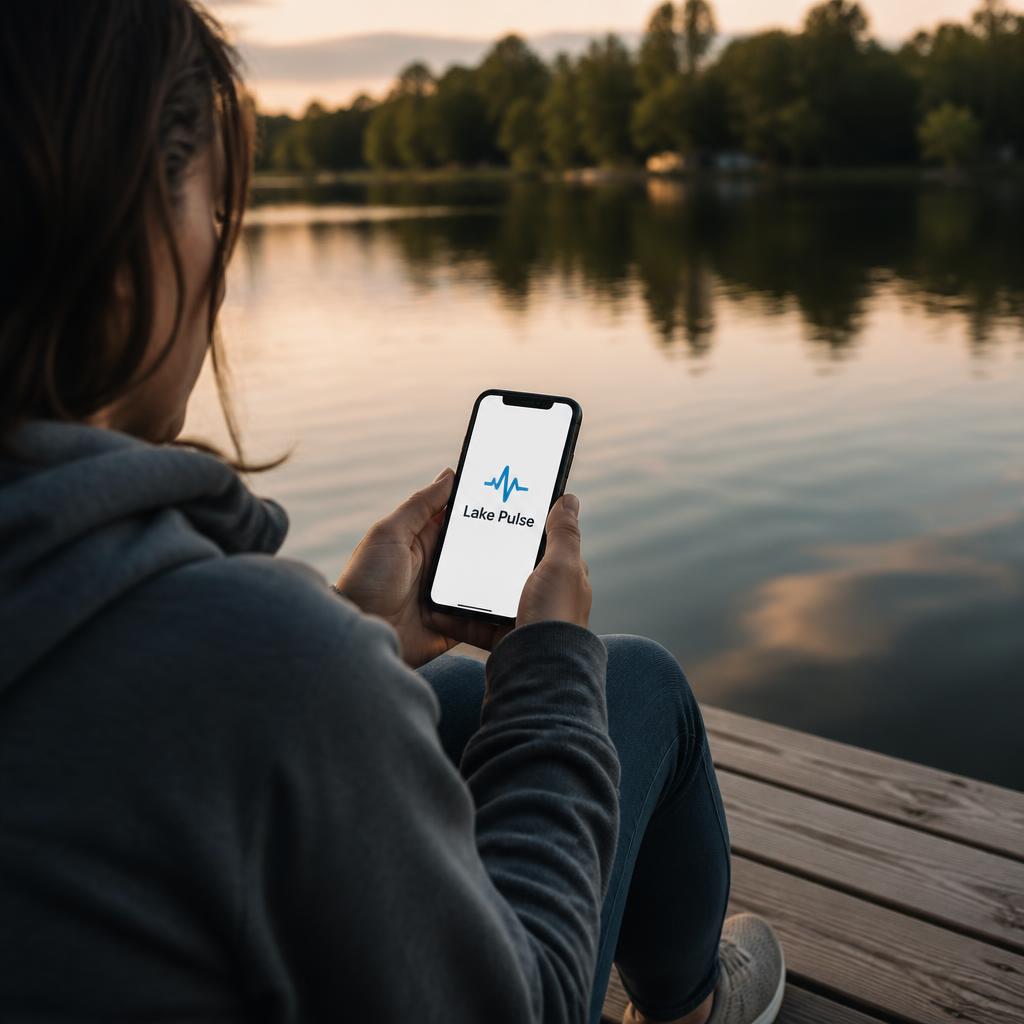 Person on a dock holding a phone with the Lake Pulse app