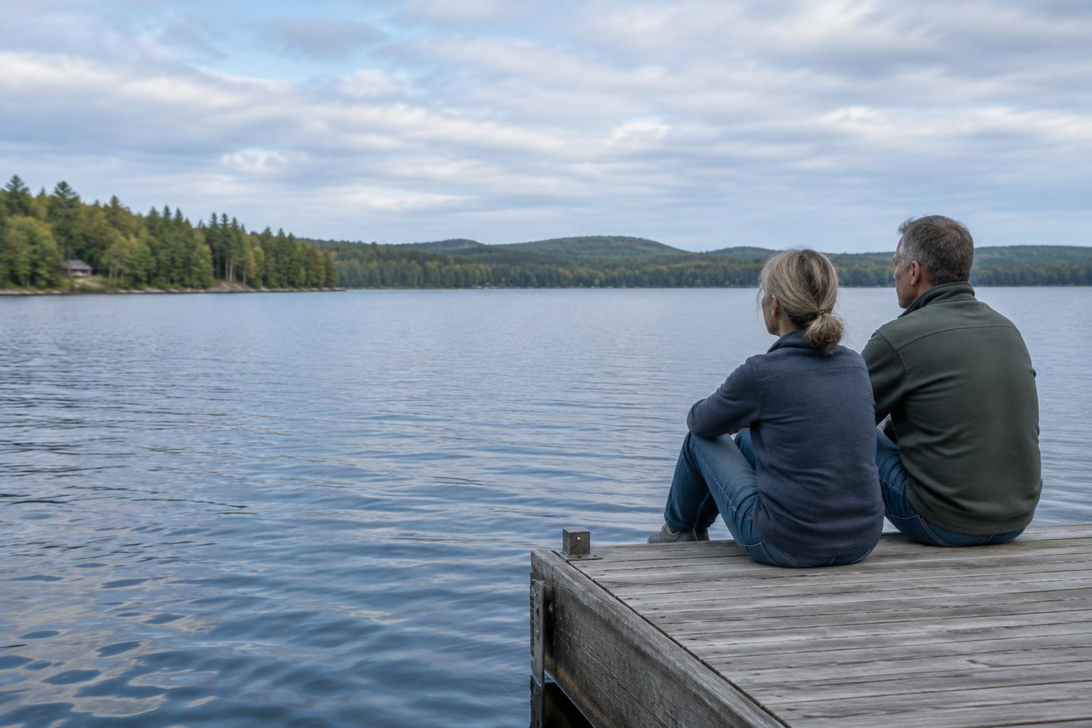 A couple sitting on a dock, looking out over their lake