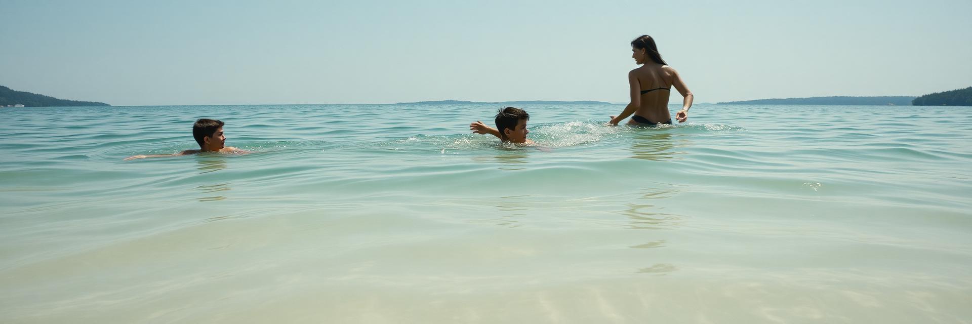 Kids swimming off a sandy lake beach