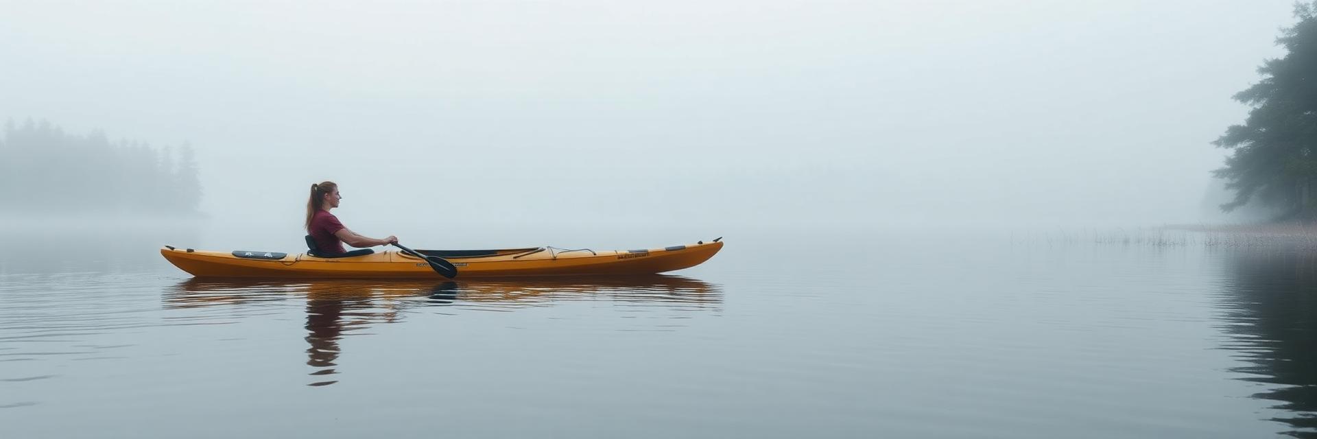 A woman paddling a kayak alone across a misty morning lake