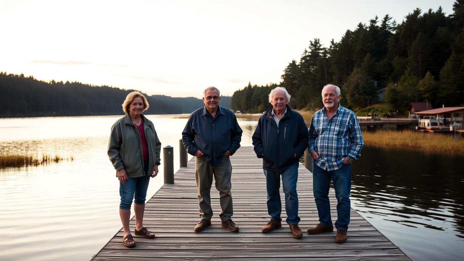 Lake neighbors standing together on a dock