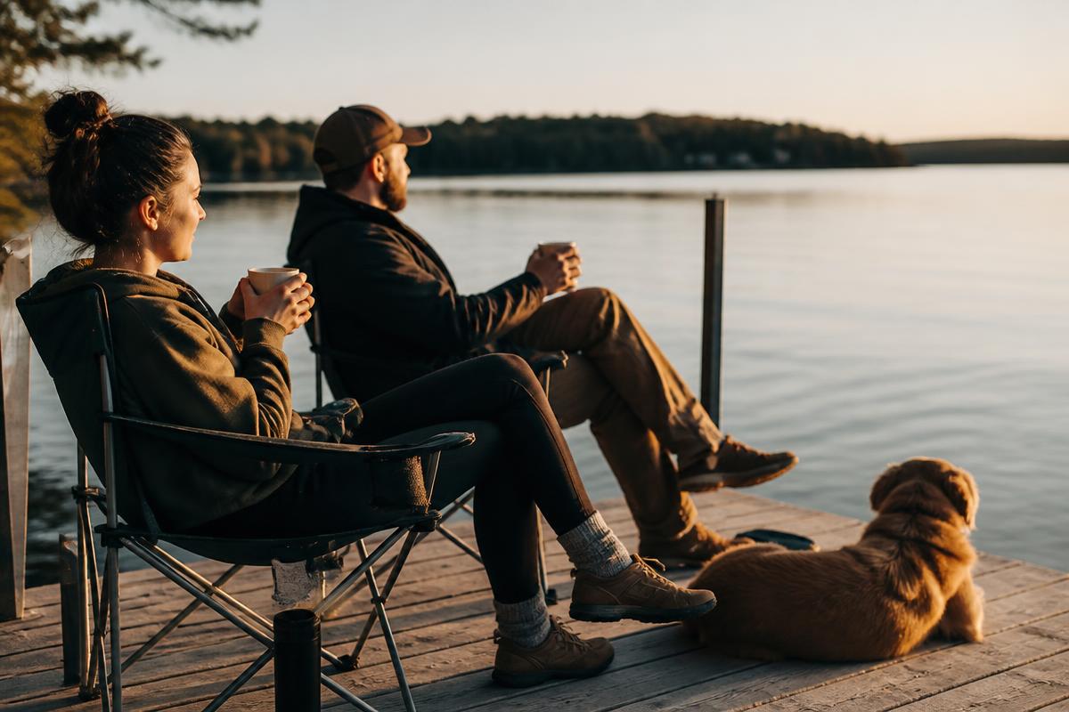 Two people sitting in chairs on a dock at golden hour with a dog nearby