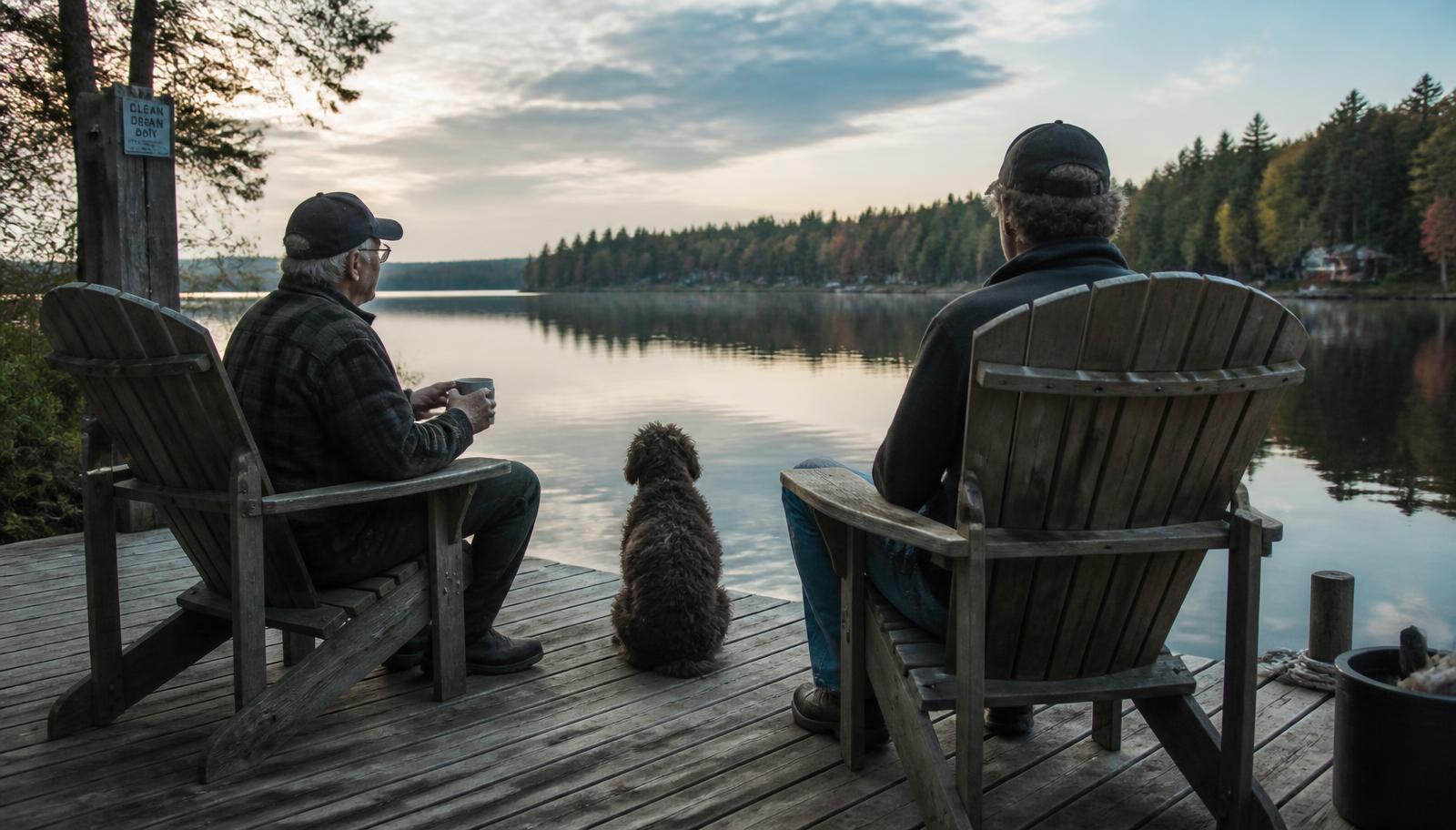 Two lake neighbors sitting on a dock at golden hour with a dog, looking across the water