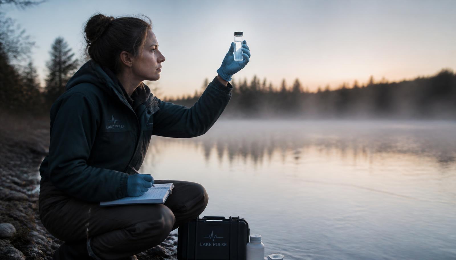 A water scientist examining a lake sample at dawn beside a misty shoreline