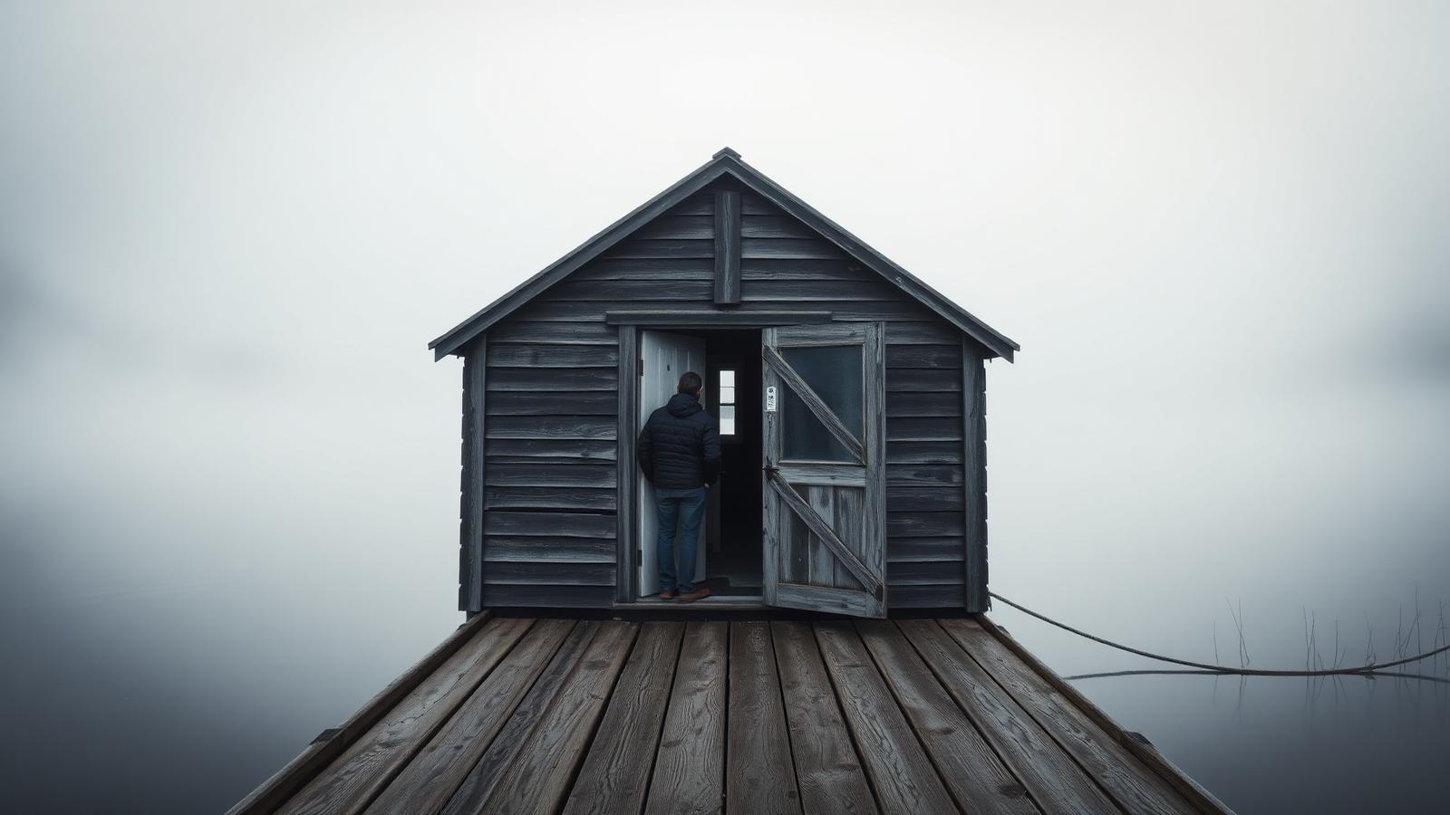 A person standing in the doorway of a weathered boathouse on a misty lake at dawn