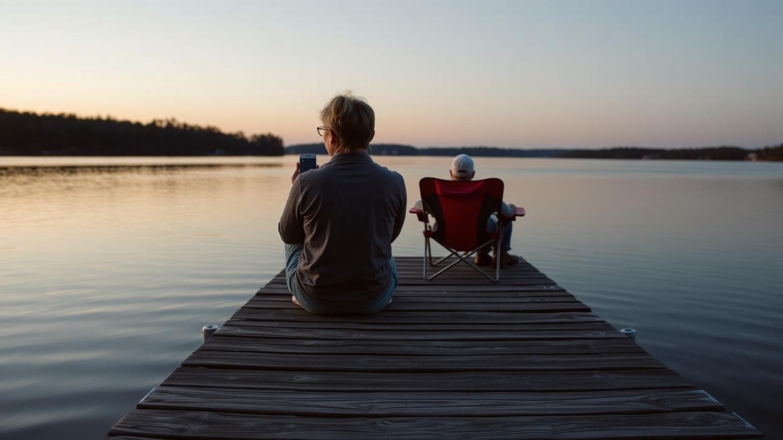 Two people sitting on a wooden dock at dusk looking out over a calm lake