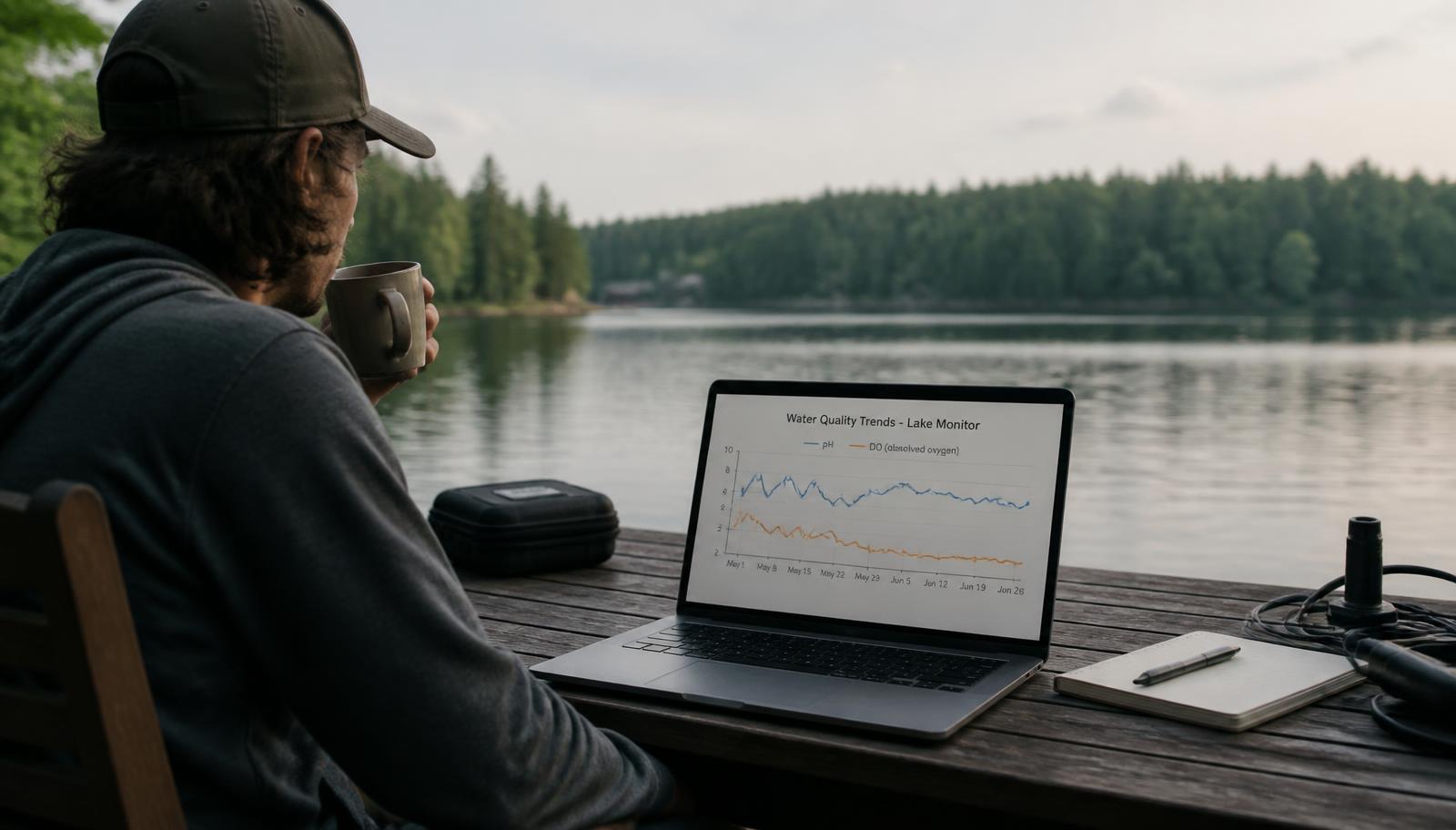 A lake resident on a deck reviewing pH and dissolved oxygen trend lines on a laptop
