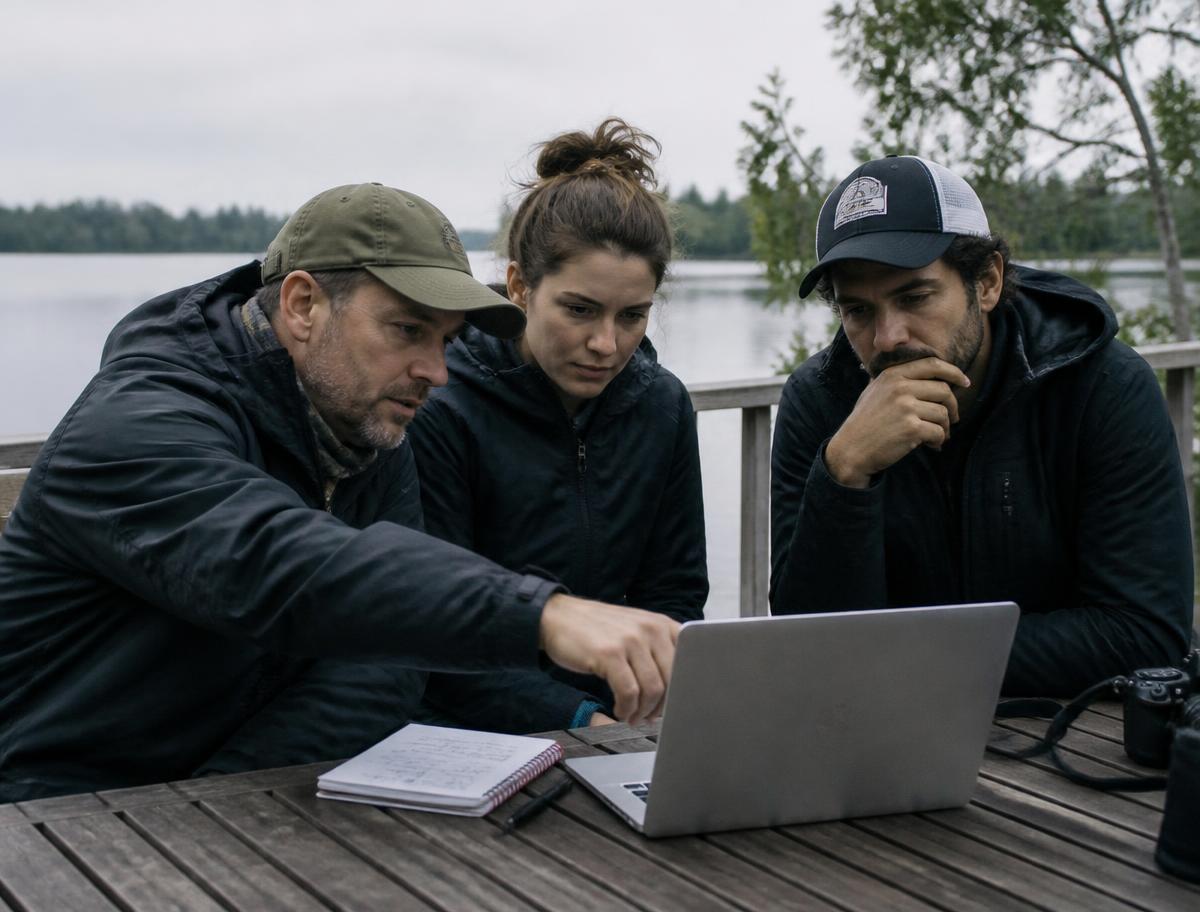 Three lake volunteers on a deck studying data on a laptop, one pointing at the screen