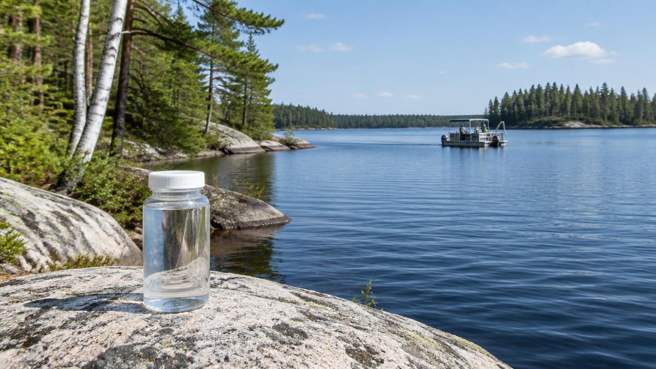 A sample bottle on a pale shoreline rock with a treatment pontoon in the distance