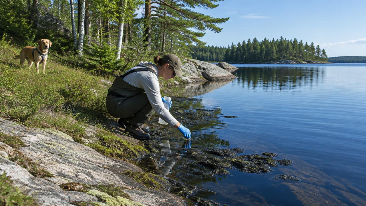 A field scientist samples dark algal mats while a leashed dog waits away from shore