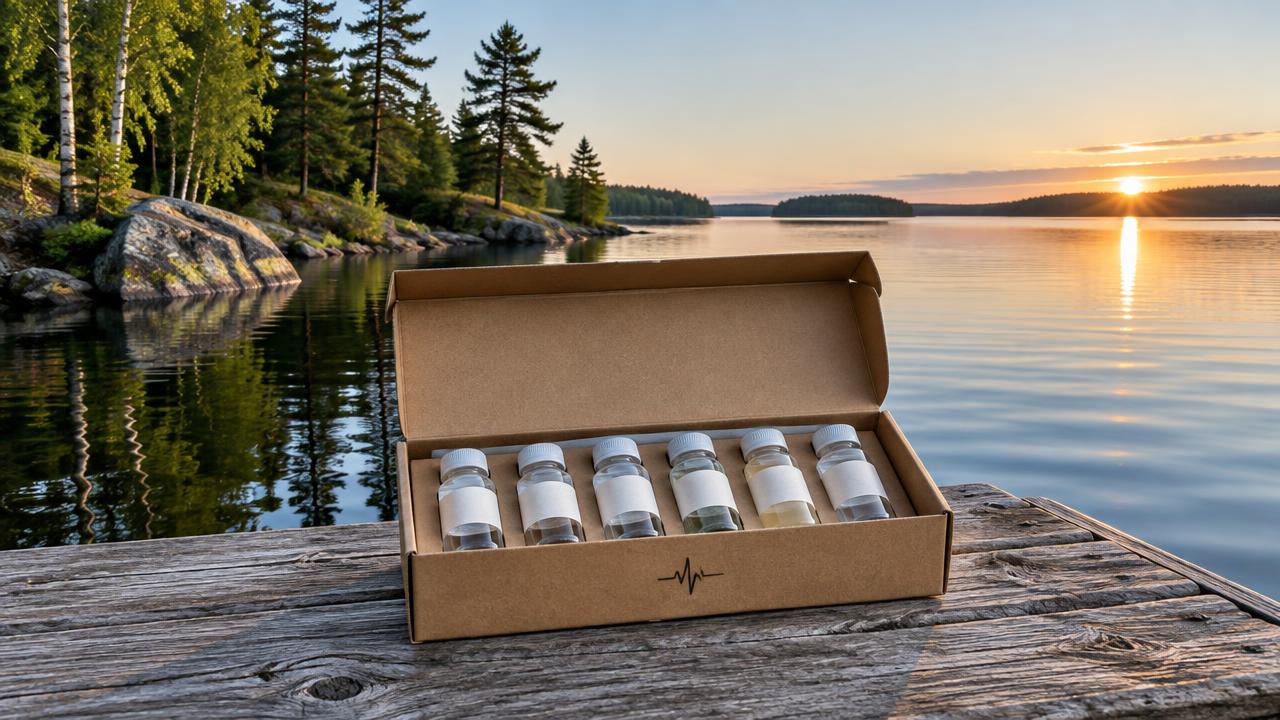 An open sampling kit with six bottles on a North Woods lake dock