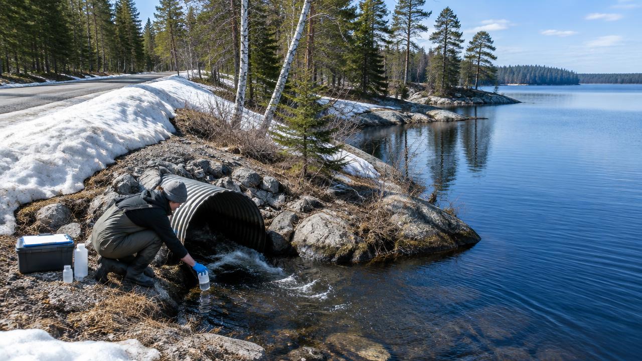 A field technician samples a culvert beside a melting lakeshore snowbank