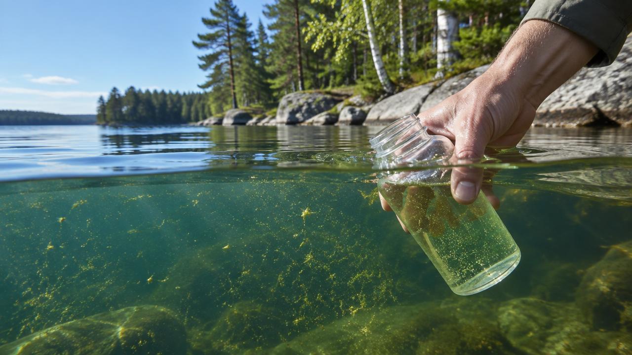 A hand fills a sample bottle in slightly green lake water