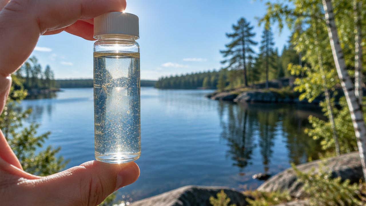A water-sample vial held up to sunlight above a North Woods lake