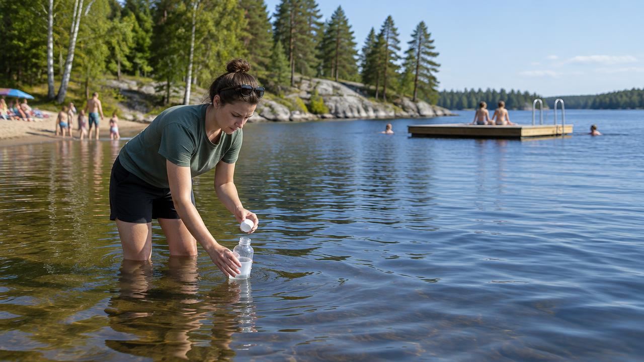 A person collects a water sample at a public swim beach