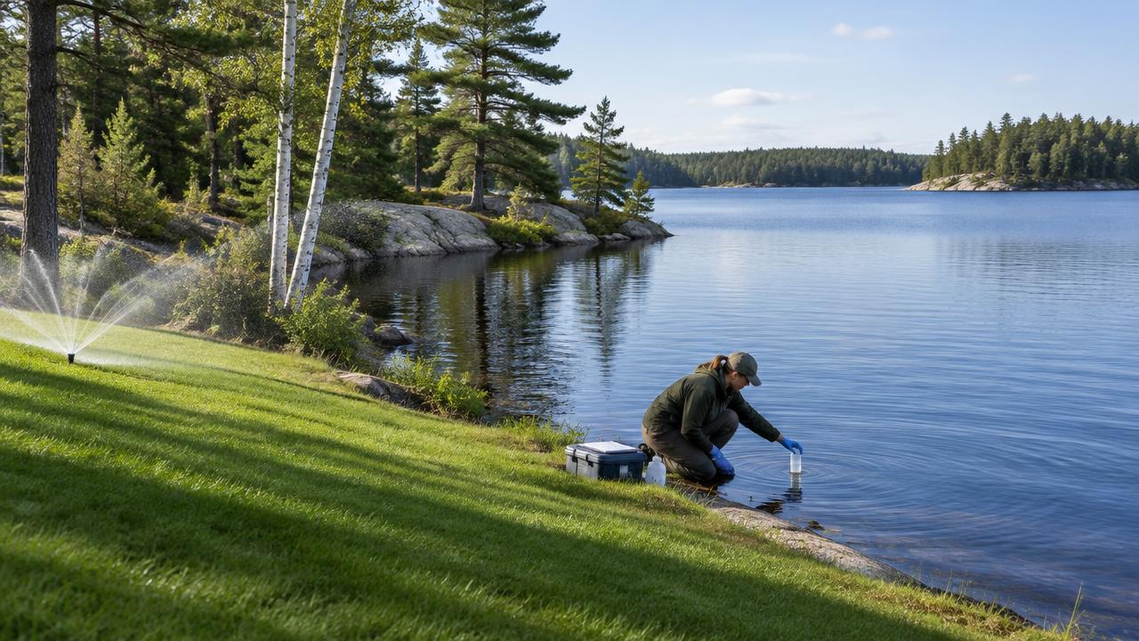 A technician samples where a maintained lawn meets the lake