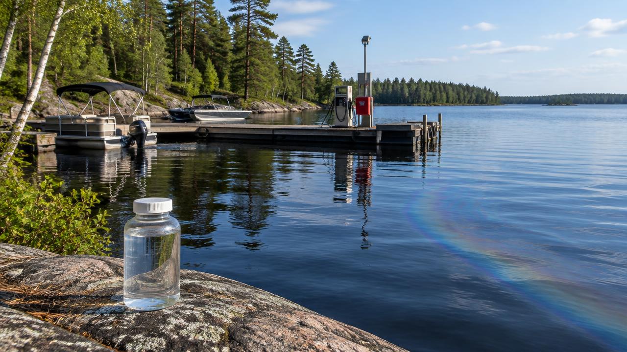 A sample bottle overlooks a small marina and a faint surface sheen