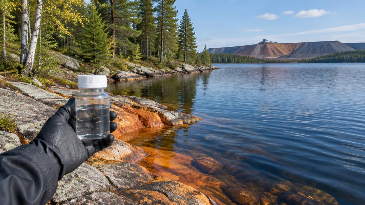 A gloved hand holds a sample bottle beside rust-stained rocks and mine tailings