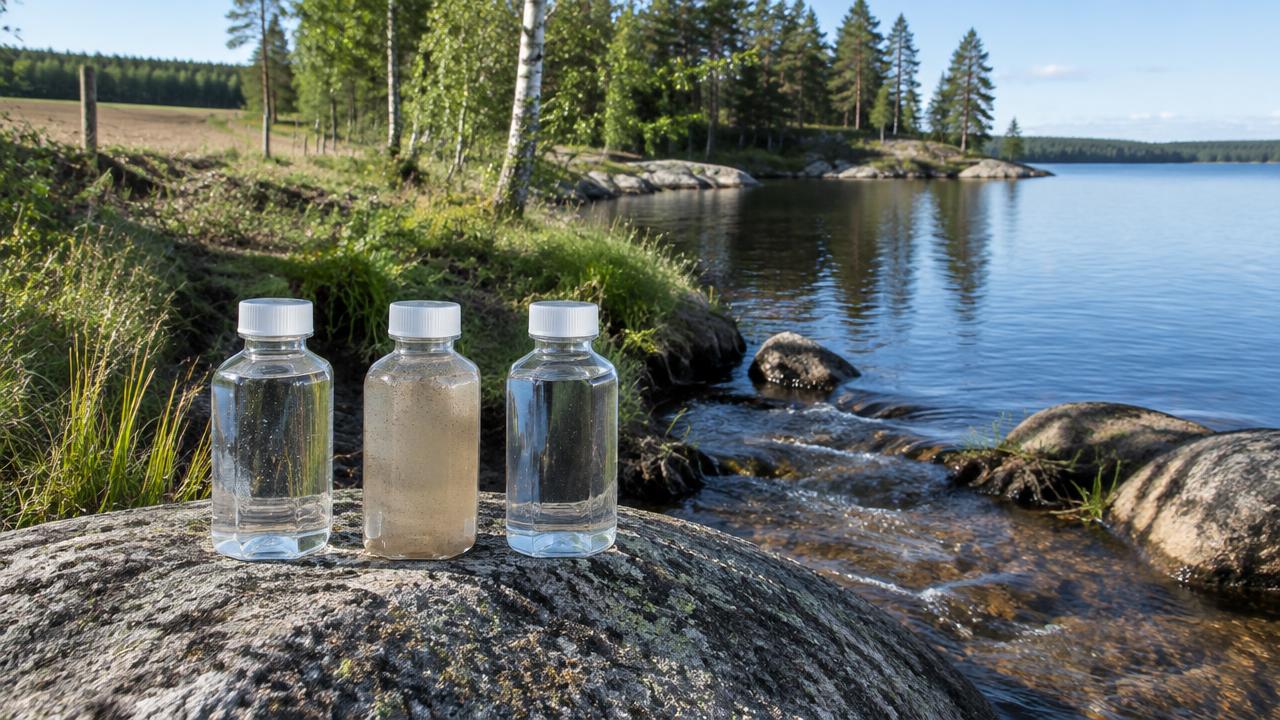 Three sample bottles where a small stream enters a lake