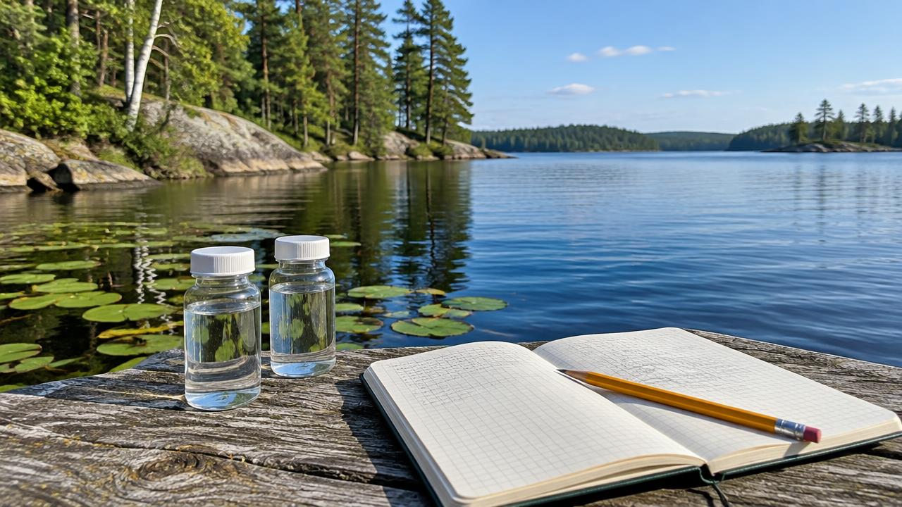 Two sample bottles beside a field notebook and lily pads