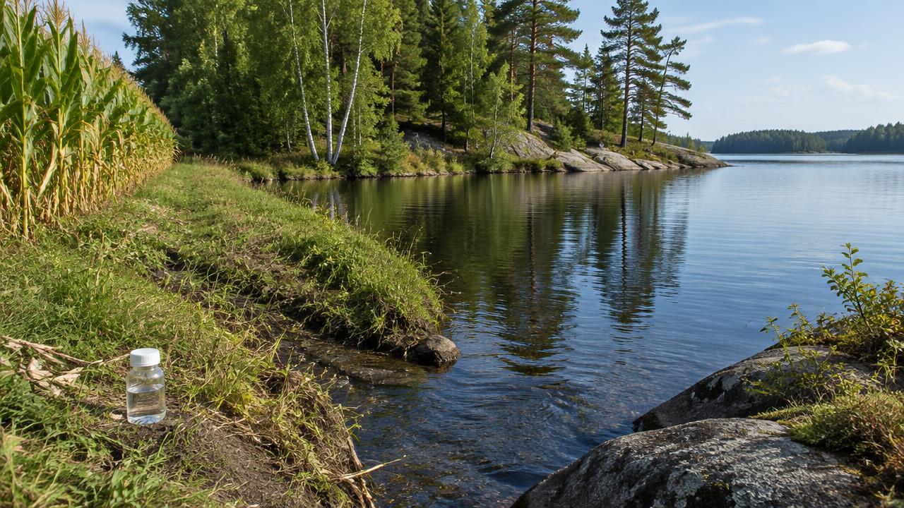 A drainage ditch from a cornfield enters a quiet lake bay