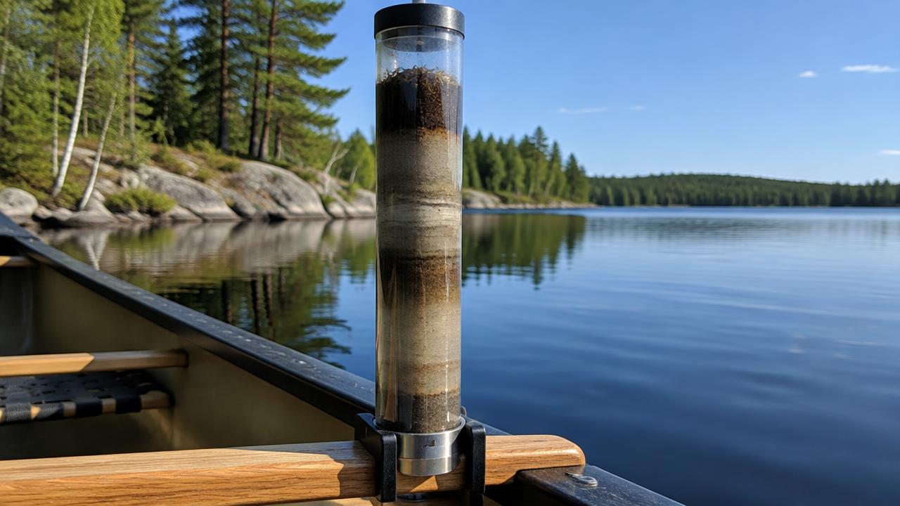 A layered lake-sediment core secured across a canoe