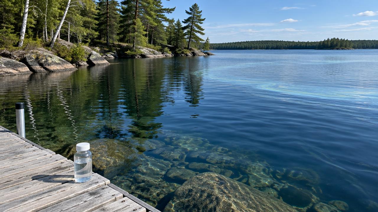 A sample bottle on a dock overlooking clear water and a subtle offshore bloom