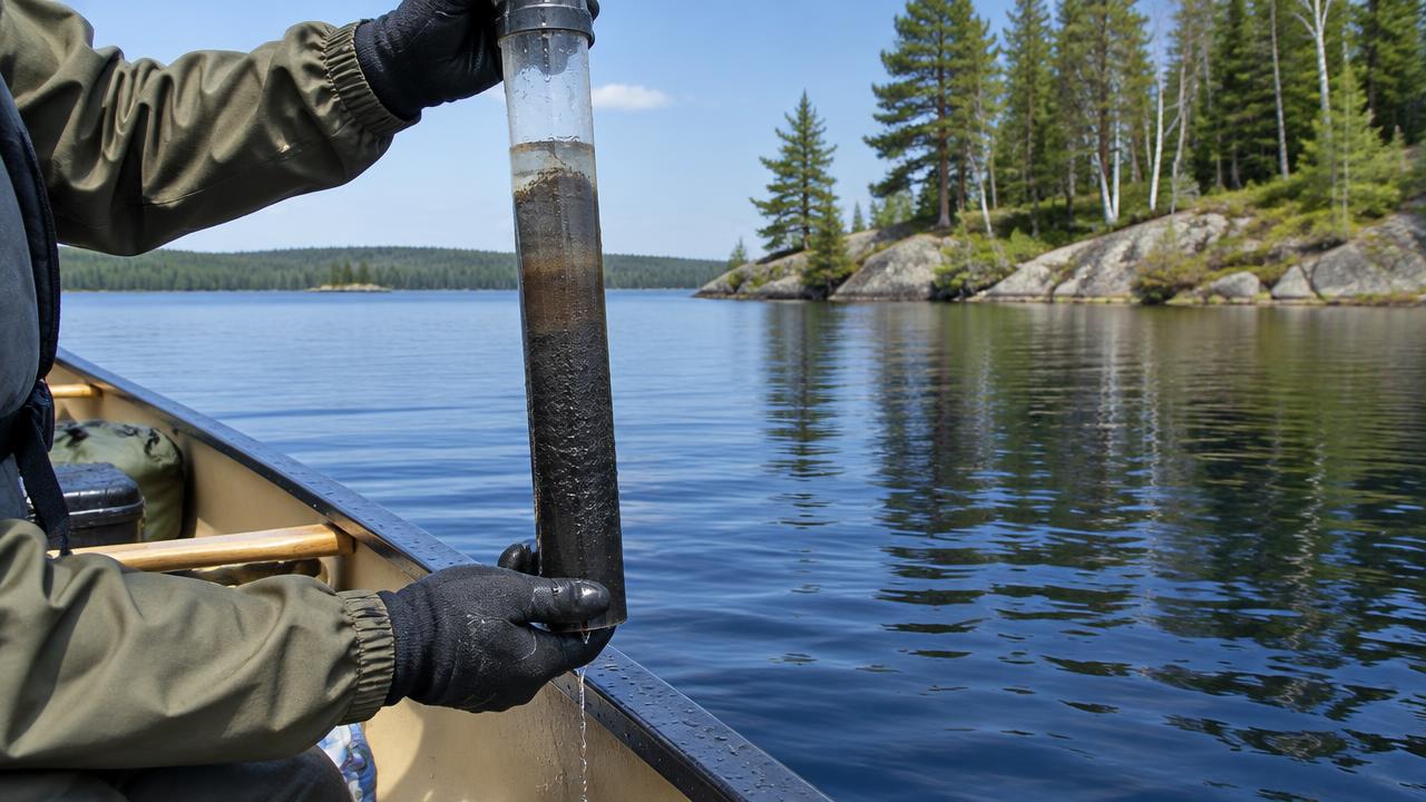 Gloved hands lift a dark lake-sediment core from a canoe