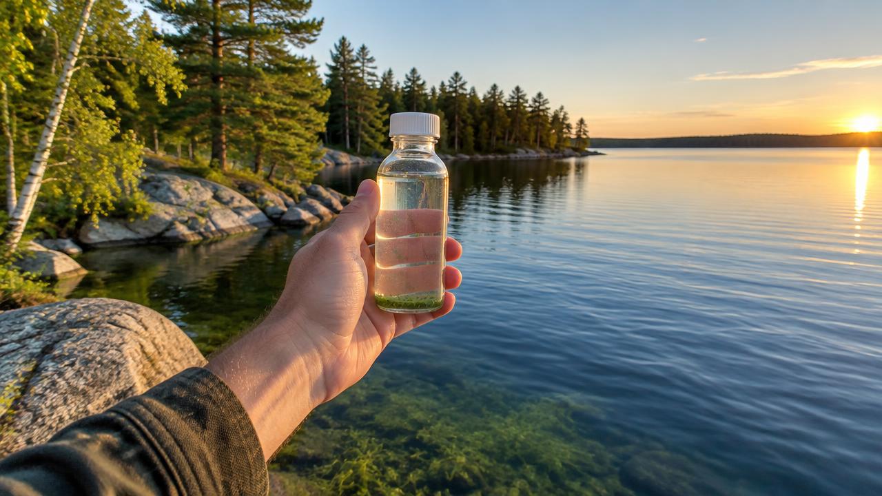 A lake-water sample bottle held against a North Woods lake at golden hour