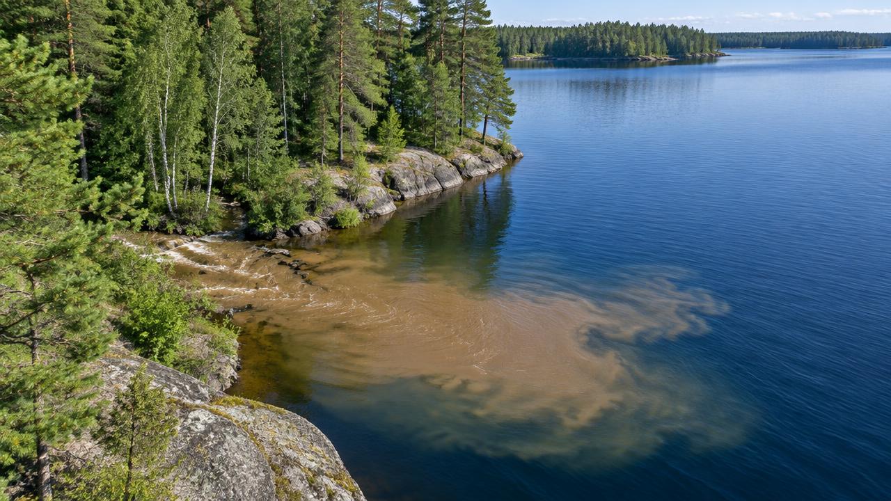 A muddy plume enters clear lake water after rain