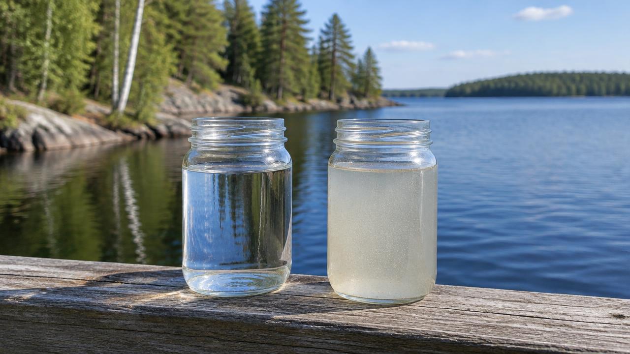 Clear and cloudy water samples side by side on a lake dock