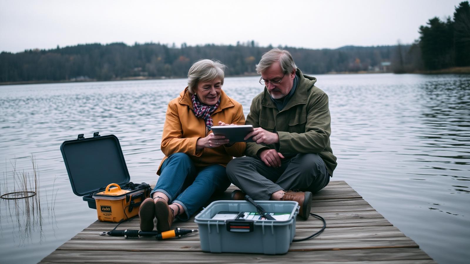 Two neighbors sitting on a dock reviewing lake data on a tablet beside a testing case