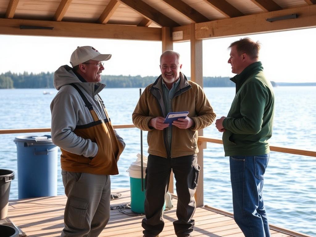 Lake volunteers talking with a scientist on a boathouse deck