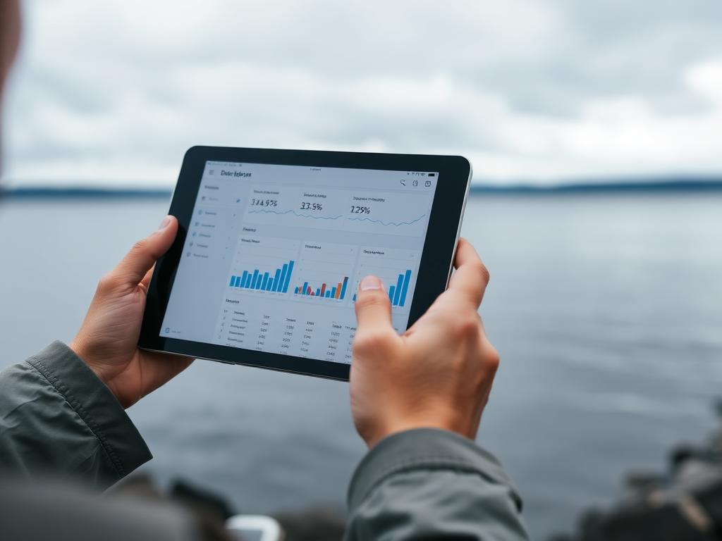 Person reviewing a lake data dashboard on a tablet at the shoreline