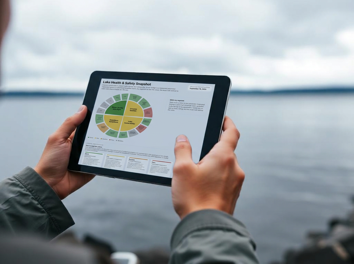 Tablet held at the shoreline showing the Lake Health & Safety Snapshot wheel