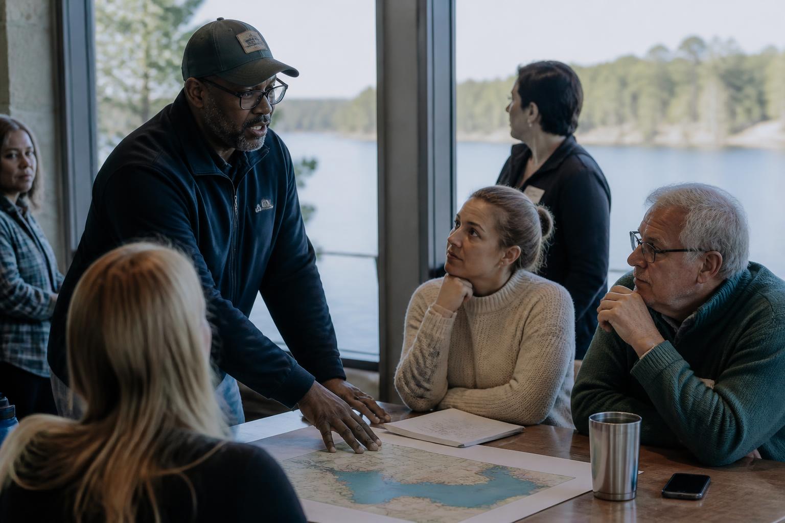 Lake association members gathered around a table discussing a lake map with the water visible behind them