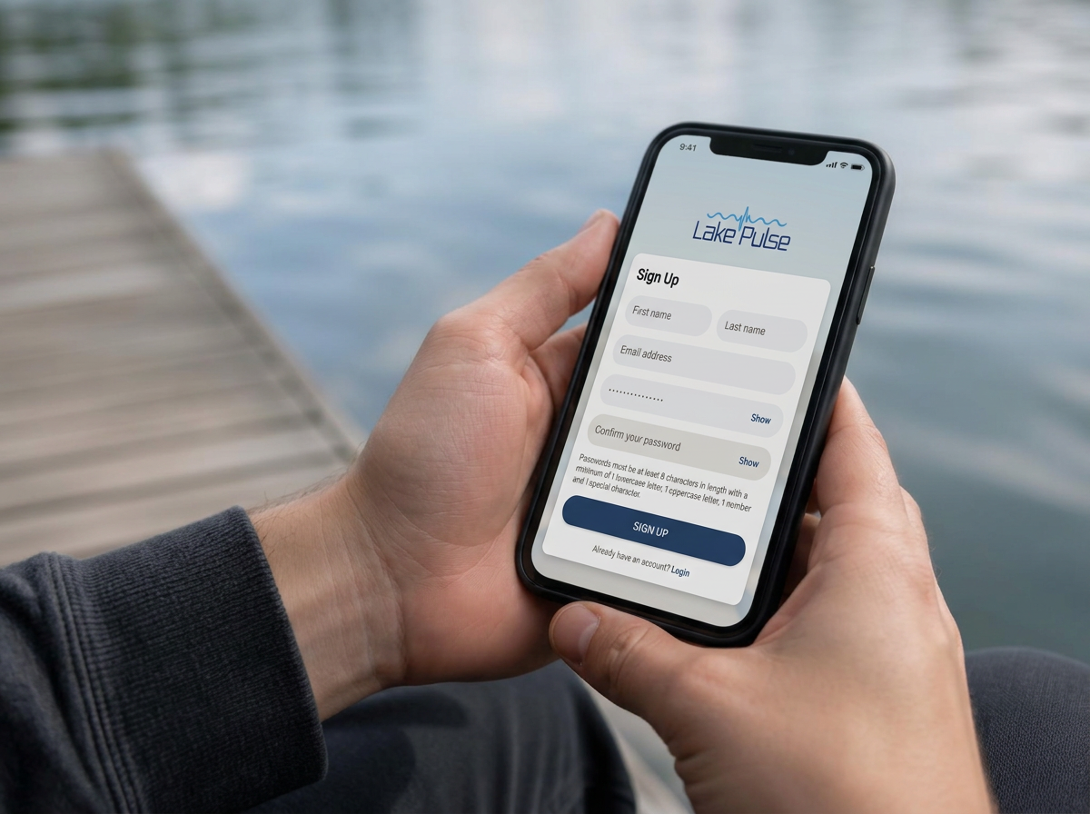 A man at the end of a dock holding a phone showing the Lake Pulse sign-up screen
