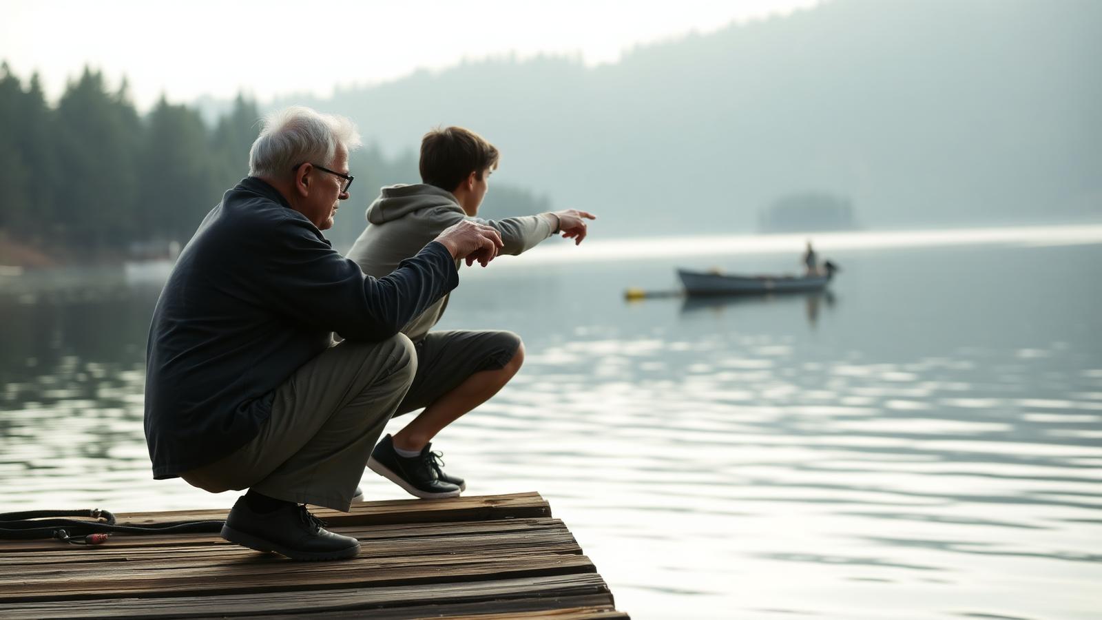 An older man and a teenager crouched on a dock pointing across a misty lake