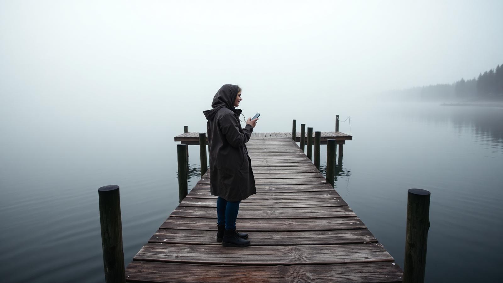 A woman in a rain shell standing at the end of a foggy dock holding a phone