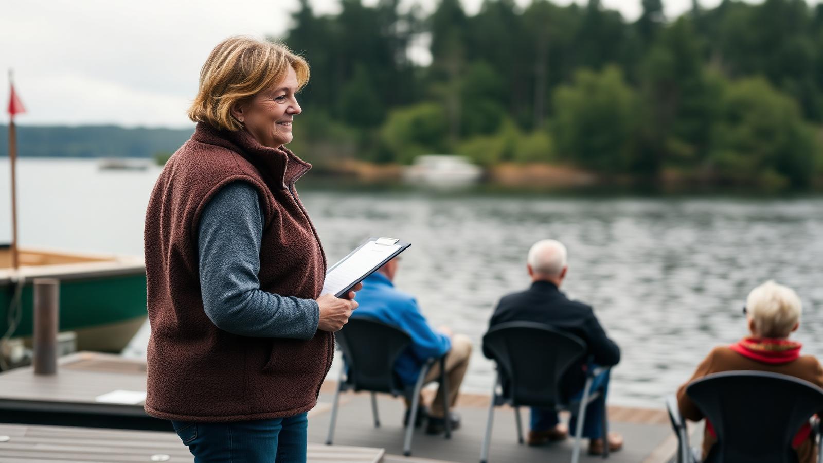 A woman with a clipboard on a dock addressing a small lake association gathering