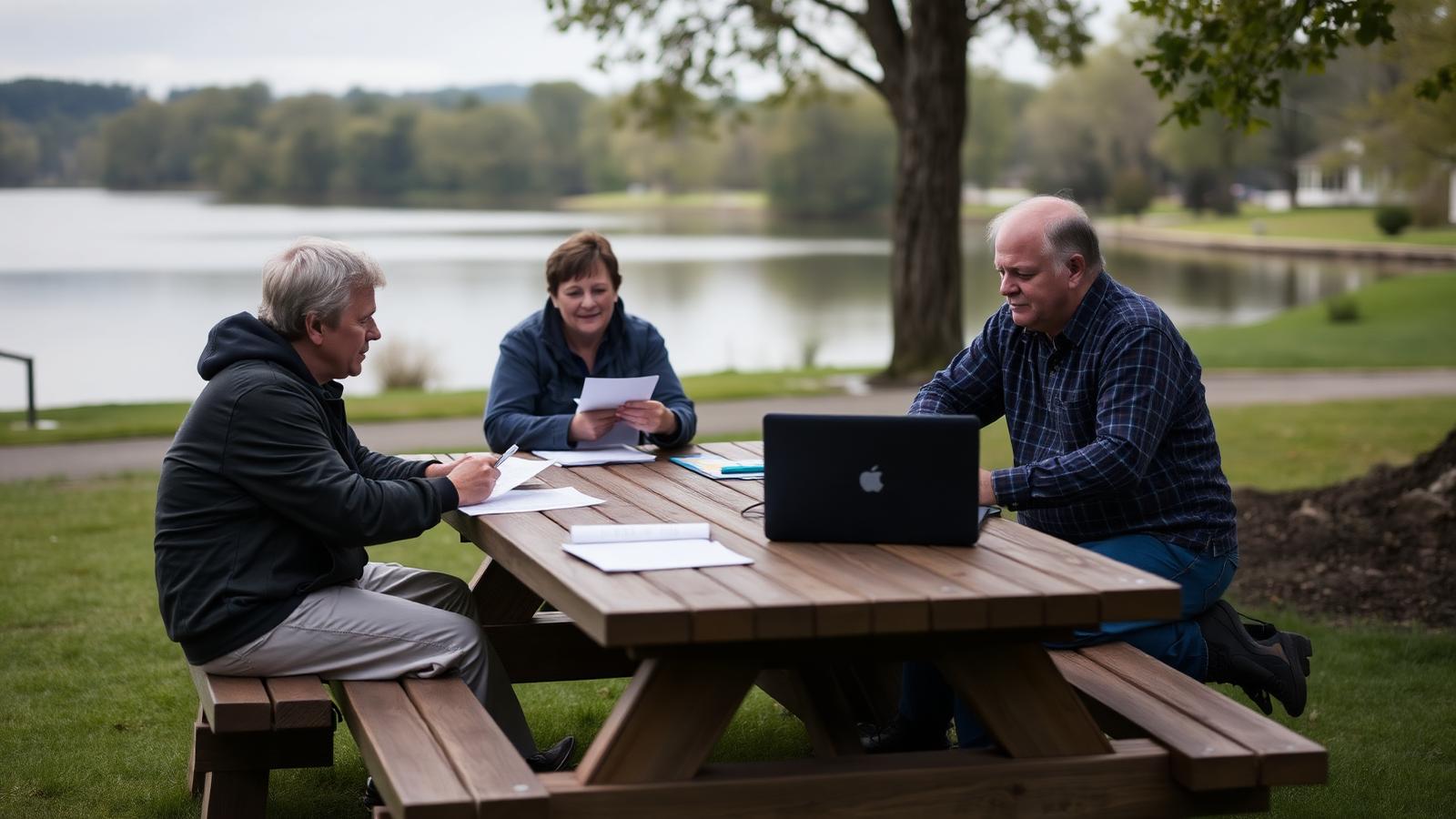 Three neighbors around a picnic table by a lake reviewing paperwork and a laptop