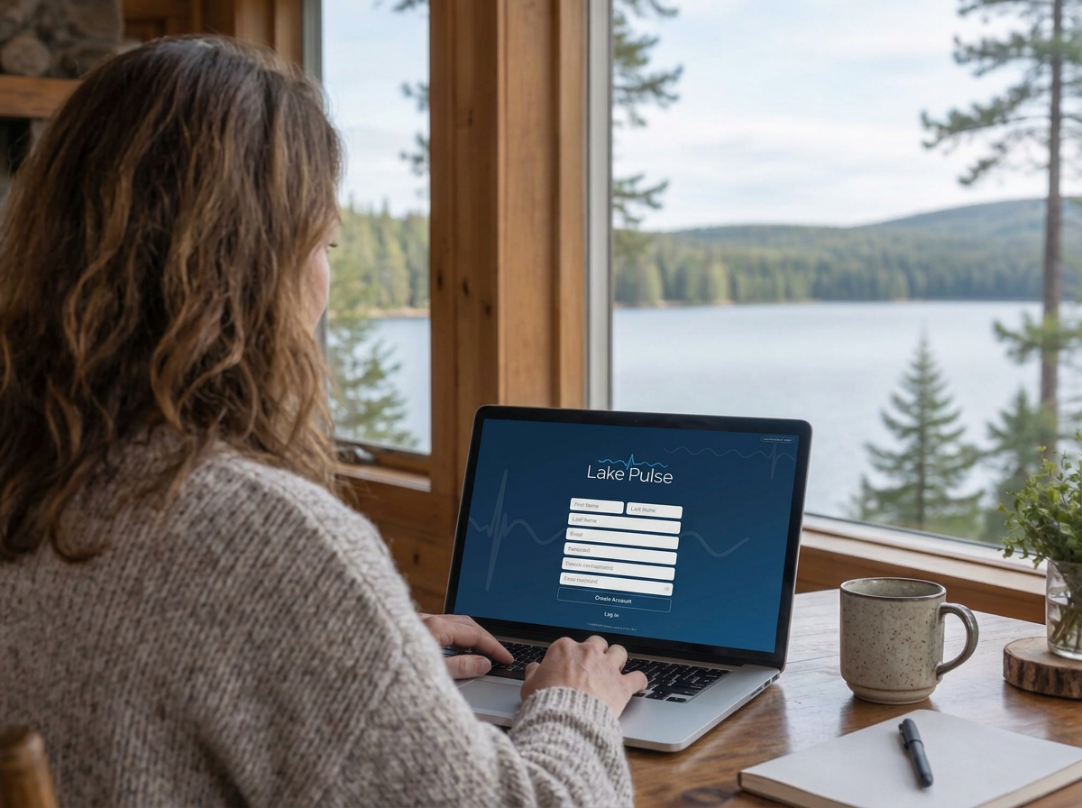 Over-the-shoulder view of a woman signing up for Lake Pulse on her laptop, with the sign-up form clearly visible on the screen and a lake through the window